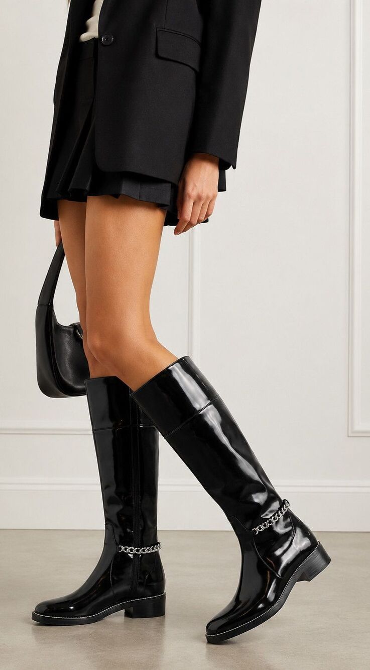L'AGENCE Eulalie II Knee High Boot Black Patent Leather Chain Detail Size 10 New